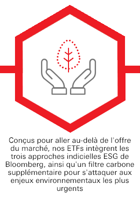 Conçus pour aller au-delà de l'offre du marché, nos ETFs intègrent les trois approches indicielles ESG de Bloomberg, ainsi qu'un filtre carbone supplémentaire pour s'attaquer aux enjeux environnementaux les plus urgents